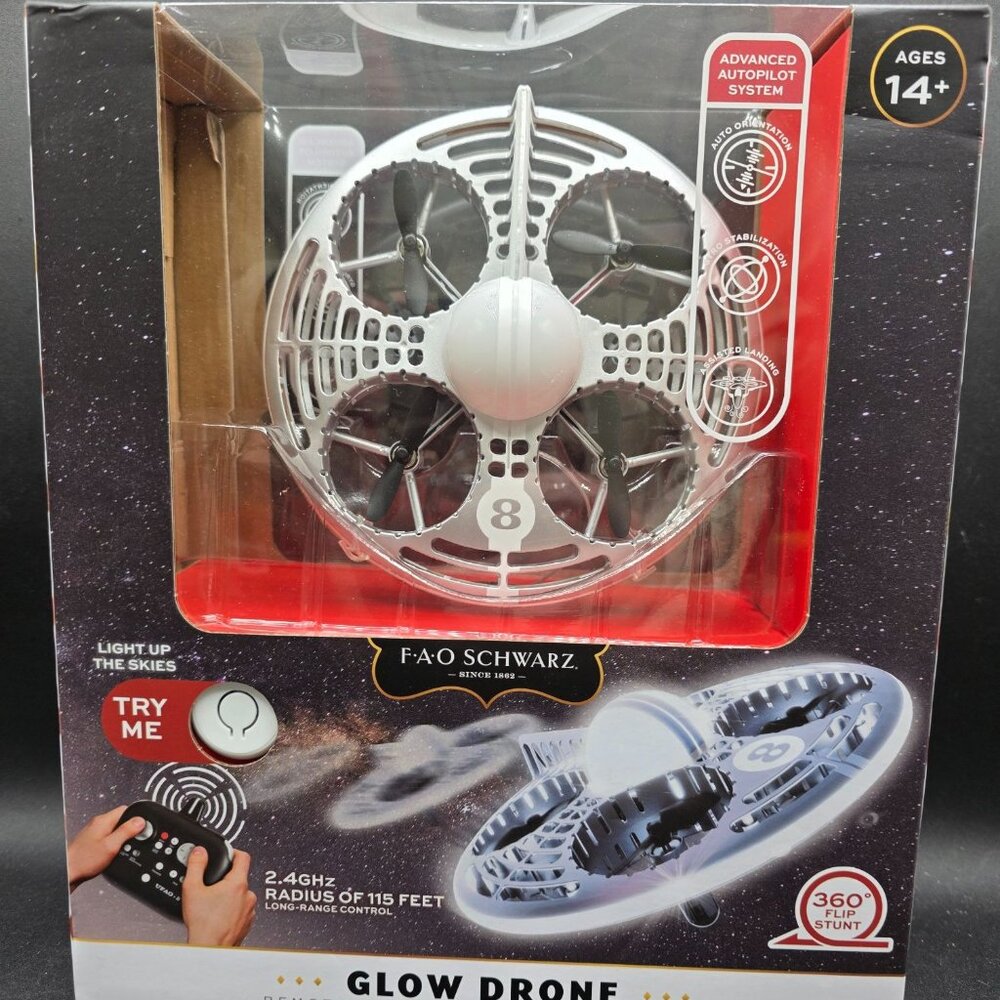 FAO Schwarz Glow Drone Remote Control Light-Up Stunt UFO With 360° Flip